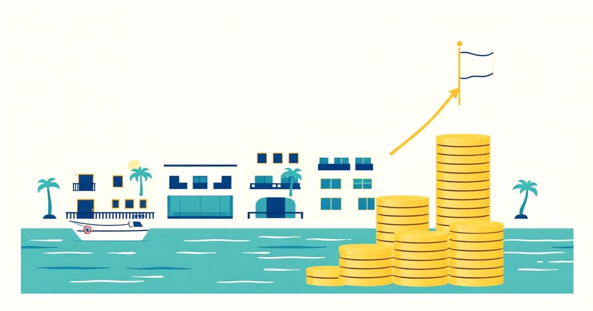 איור: מבנים לחוף הים בקפריסין לצד ערימת מטבעות וחץ עולה
