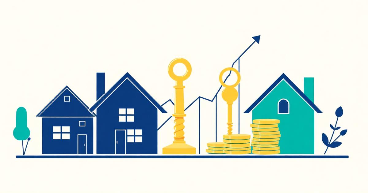 איור: בתים, מפתח, מטבעות וגרף עולה — השקעות נדל"ן
